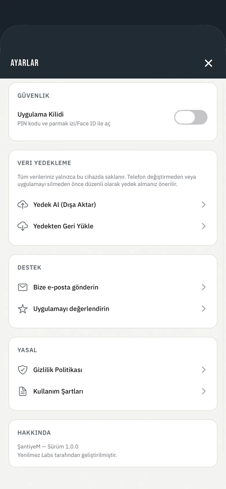 Ayarlar ekranı: uygulama kilidi ve veri yedekleme